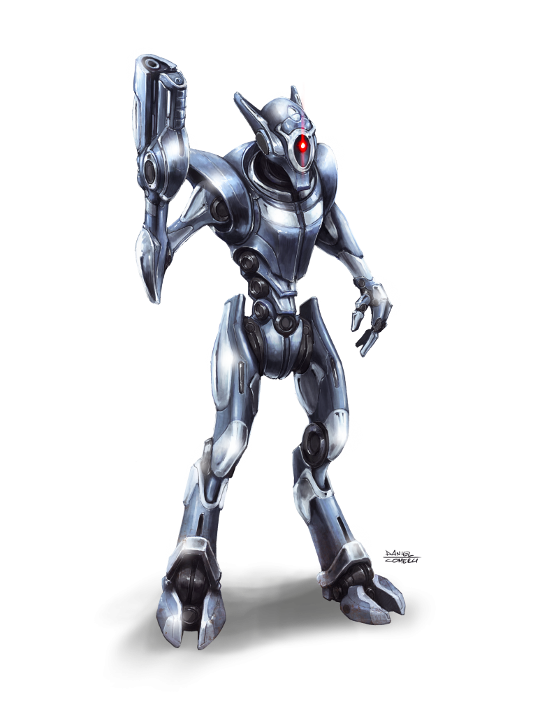 An alien robot with a single glowing red and a chrome body.