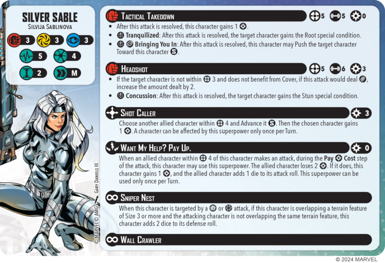 Silver Sable Cards for Marvel: Crisis Protocol. Credit: Atomic Mass Games. 
