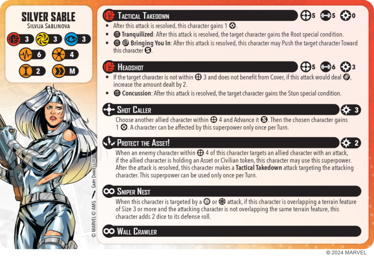 Silver Sable Cards for Marvel: Crisis Protocol. Credit: Atomic Mass Games. 
