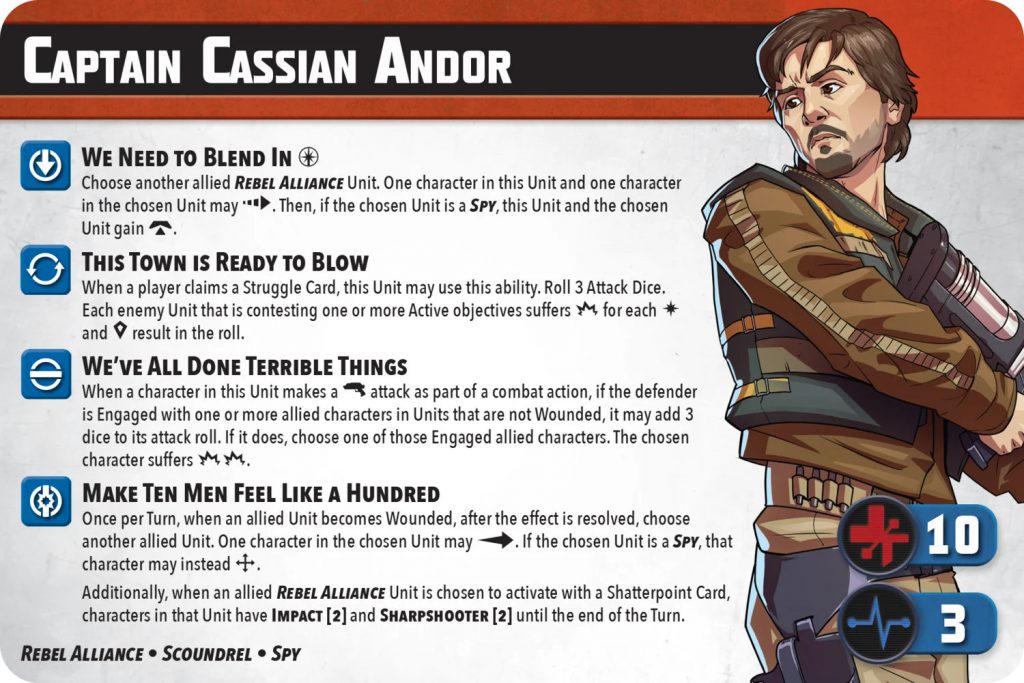 Cassian Andor stat card for Star Wars Shatterpoint